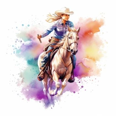 Cowgirl rodeo riding a horse illustration, nebular mix background, clipart, photorealistic illustration, watercolor, high detail, 8k polished, 8k, vibrant colors, sticker, majestic, die cut, white background