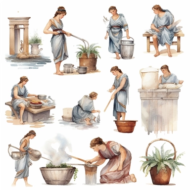 Watercolor roman people performing daily tasks , illustrations clipart set, simple, , cartoon elements, different variants , , marble elements, separate elements with a margin