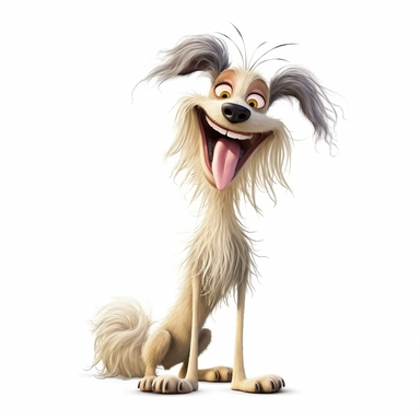 a skinny dog with frizzed out hair, crazy looking expression, exceptionally funny, silly, goofy dog, full body image, pixar style, clipart, white background,