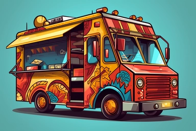Mexican food truck, cartoon illustration clipart, bold lines, serving window open
