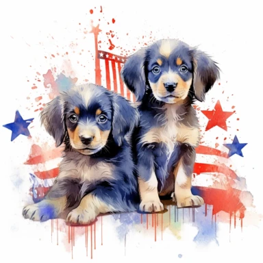 patriotic cute puppies clipart in the style of the american flag, in the style of willem haenraets, jane crowther, associated press photo, colorful explosions, detailed crosshatching, watercolor, lee bontecou