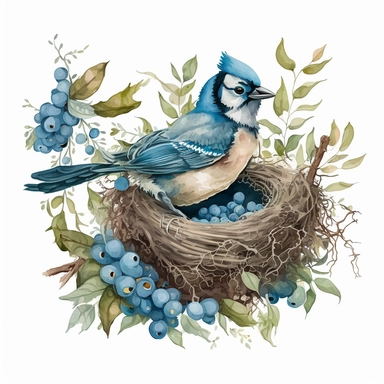 watercolor blue jay in nest with eggs clipart white background, no caption