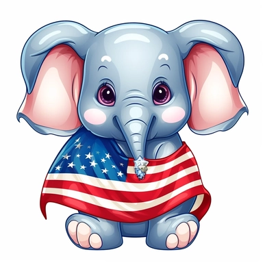 red white and blue cute happy elephant in a flag clipart isolated on a white background