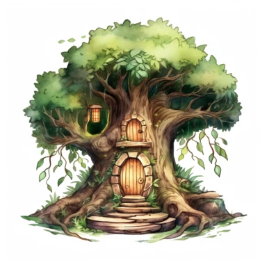 Create One clipart inspired by Enchanted Tree Hollow: Create a clipart of a majestic, ancient tree with a hollow trunk. The hollow serves as a cozy shelter or dwelling for forest creatures like fairies or woodland animals. Surround the tree with lush green foliage, delicate flowers, and soft rays of sunlight filtering through the leaves. Cozzy watercolor style. in 4K. mostly in green color so it can be used in fantasy books.