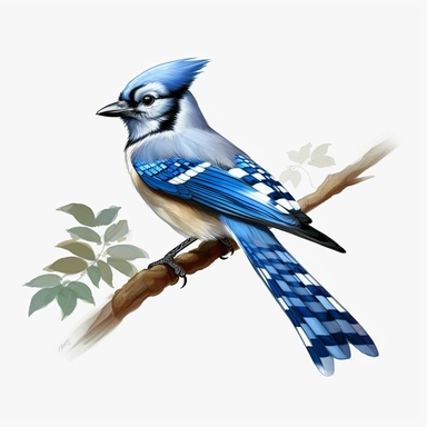 realistic clipart of a blue jay on a branch, white background