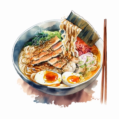 an bowl of japanese ramen, anime art, authentic ramen, watercolor, white background, clipart