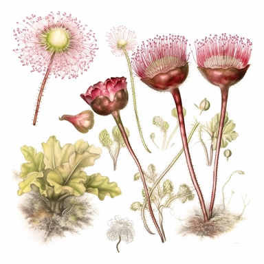 Clipart, vintage, watercolor, Deadly Rosette, Drosera specie, carnivorous plant, botanical illustration, hand drawn, texture