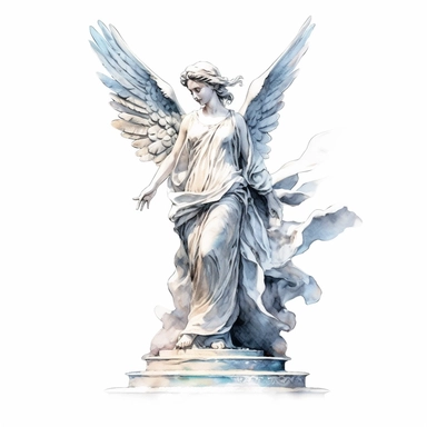 angel statue watercolour in the style of digital airbrushing, realistic yet stylized, digitally enhanced, elaborate costumes, 32k uhd, clipart, white background