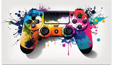 A striking oil painting of a bright white PS4 game controller clipart, adorned with a captivating assortment of RGB colors. The controller, depicted with bold and expressive brushstrokes, stands out against a pristine white background. Meticulously crafted for high-quality printing in ultra-high definition (UHD) and 4K resolution, this artwork exudes a sense of vibrancy and energy. To enhance the composition, a splash of paint in complementary hues is added behind the controller, creating an int