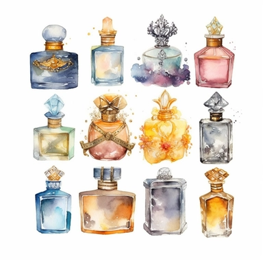 Eleven Watercolor Princes Perfumes Clipart by Nita Engle on solid white background