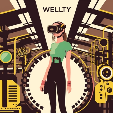 worker wearing vr headset, girl, woman, standing in an assembly plant, gauges, coding, vr developer, virtual reality, poster, simplistic, abstract, vector, 2d illustration, clipart, few colors