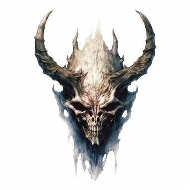 A bone-chilling portrait of a demonic figure, its sharp horns protruding from a sinister silhouette, its eyes glowing with otherworldly power. Clipart, watercolor, white background, intricate detail.