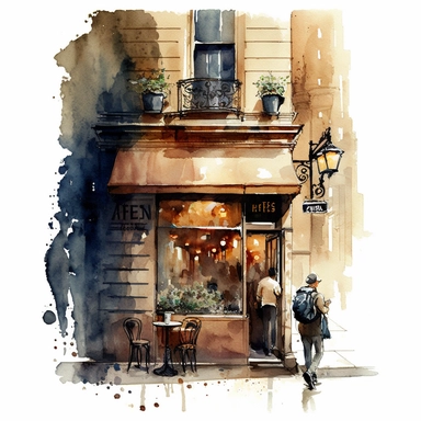 watercolor iamge of outside of a coffee shop in downtown New York clipart, no water mark