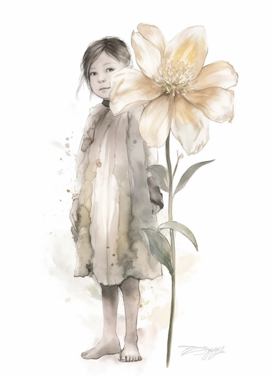 a single spring flower, in the style of magali villeneuve, jon j muth, carl larsson, dreamy world, closest to watercolor illustrations, soft color palette with ligh beige and gray, children's illustrations, solid white background, clipart