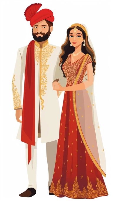 old school clipart style bride and groom wearing white desi wedding clothing with gold embroidery and patterns, man to have facial hair and wearing red fez hat, woman to have long wavy brown hair, white background