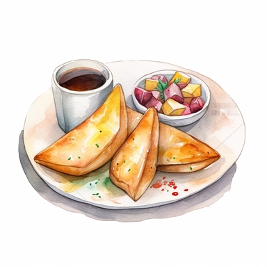 Watercolor detailed illustration ofPotato wedges served with dipping sauce on a plate, clipart, white background