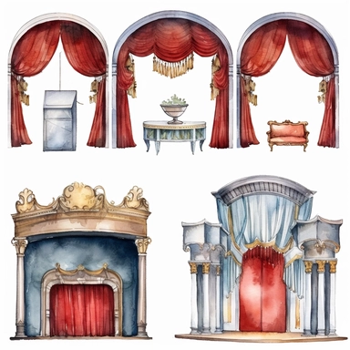 watercolor 1910s 1920s 1930s 1940s theatre stage, illustrations clipart set, simple, , cartoon elements ,different variants ,shows,separate elements with a margin