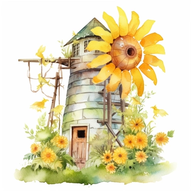 Daisy Windmill - This delightful watercolor clipart from the Whimsical Botanical Dwellings collection features a lively windmill composed of fresh, Sunflower Yellow daisies with Fern Green leaves. The rotating sails of the windmill are designed from the petals, offering a creative twist. The Daisy Windmill stands out brilliantly from the white background, separated from it, allowing the vibrant colors and innovative design to shine.