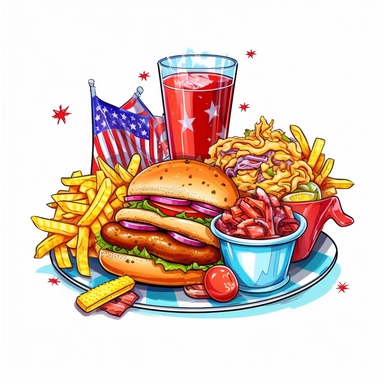 Independence day cookout food, Clipart, 4th of july, white background, crisp detail, cute, cartoon, black outline, vibrant