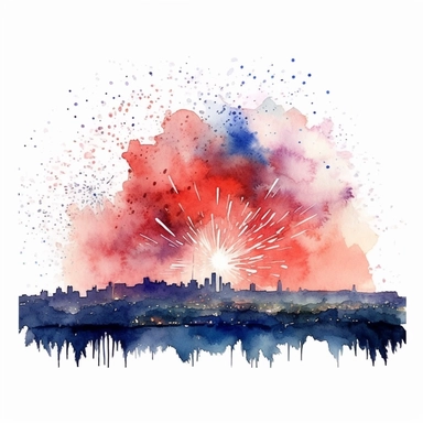 4th of July red white and blue Firework watercolor clipart, detailed, in the sky during sunset over a skyline over a hill, white background