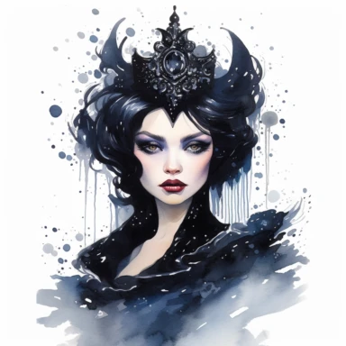 watercolor Disney Evil Queen, with a black cloak, a crown, and a magic mirror, beautiful face, clipart, white background, by Natalie Shau, by Kawacy
