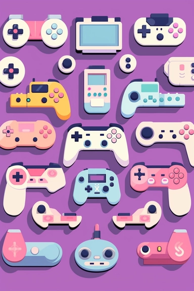 [gamepads] vector clipart, vector cute collection, in the style of #screenshotsaturday, light [pink] pastel background, flat areas of color, flat color blocks, 1970–present, rough-edged 2d animation, lightbox, colorful animation stills, high quality clipart, front view