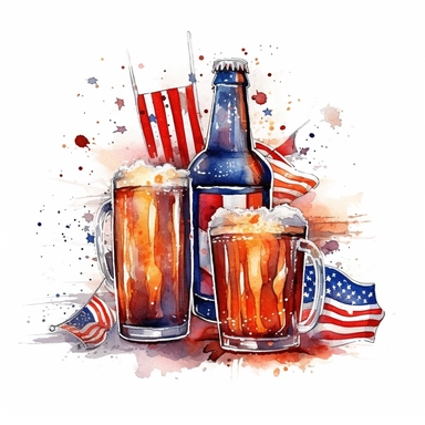 fireworks, shades of American flag, patriotic, beers, celebration, aquarelle, clip art illustartion