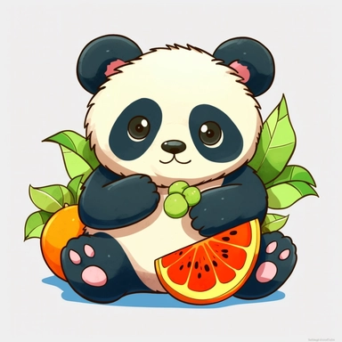 Clipart of a cute panda eating fruits kawaii style full multicolor white background