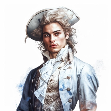 beautiful stunning handsome boy in vintage baroque fashion , paint art style, clipart, white background, superrealistic, one of a kind