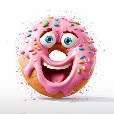 clipart of a messy donut, there is a funny face in thedonut, cartoon, for kids, funny, pixar, 8k, white background, sharp focus, detailed,