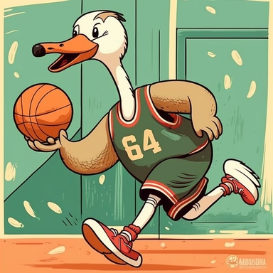 vector clipart. A funny cartoon goose. The goose is wearing a basketball jersey and is dribbling a basketball. @seanwatson24 (fast)