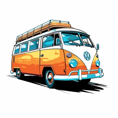 Retro Camper Van Clipart /imagineA retro camper van clipart against a clean white background. The illustration features a vintage camper van with a classic rounded shape and vibrant colors reminiscent of the 1960s. The camper van is adorned with retro details like chrome accents, colorful stripes, and a pop-up roof. The white background creates a modern and clean aesthetic. The lighting is soft and even, enhancing the camper van's features and vintage charm. The atmosphere exudes a sense of adve
