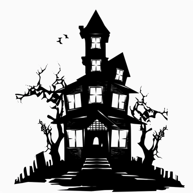 halloween haunted house clipart, black color, white background, minimalistic drawing