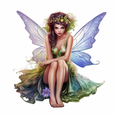 cartoon woman dressed as a fairy with wings and matching dress, kneeling, eyes focused on camera, full body, colors of green purple gold and blue, glamorous realistic and detailed, watercolor, white background with margins, clipart style
