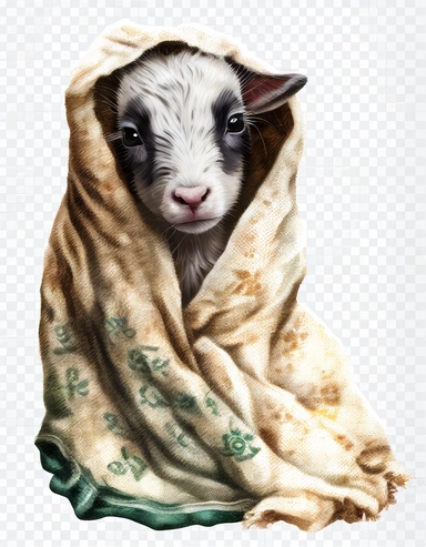 baby goat in a blanket, watercolor clipart, transparent background
