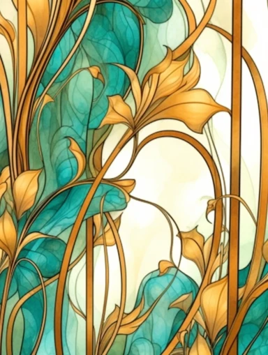 fascia of amberwood, clipart, soft, flowing lines, elegant, Art nouveau, teal and amber color scheme, Alcohol ink watercolor, no background