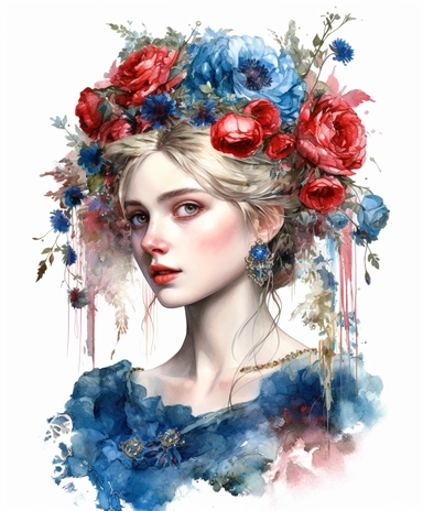watercolor illustration mixed media beautiful charming overgrown with poppies and cornflowers beautiful enchantress in the crown made of sapphires and rubies, rococo fashion, Sparklecore, sparkle glitter, masterpiece by Hans Zatzka, rococo fashion, in the style of 18th century botanical illustrations, isolated on white, PNG clipart, extreme photorealistic details, 32k HD resolution, realistic high detailization high resolution