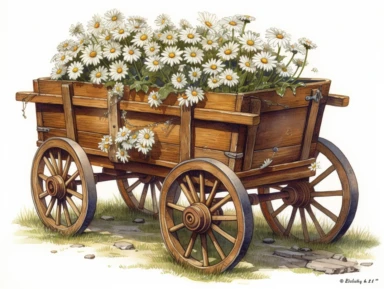 DESIGN A MAGNIFICENT AND EXQUISITE BREATHTAKING ONE-OF-A-KIND HIGH QUALITY HIGHLY DETAILED MASTERPIECE WATERCOLOR CLIPART ILLUSTRATION OF A wooden wagon with white DAISY flowers in it, in the style of digital painting and drawing, i can't believe how beautiful this is, marguerite blasingame, joyful and optimistic, steve sack, infused symbolism, kathryn morris trotter