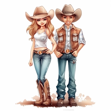 Cute Beautiful Couple Cowgirl Sublimation Clipart,Cartoon,hyper realistic, intricate detail, illustration style,high solution , on the white background