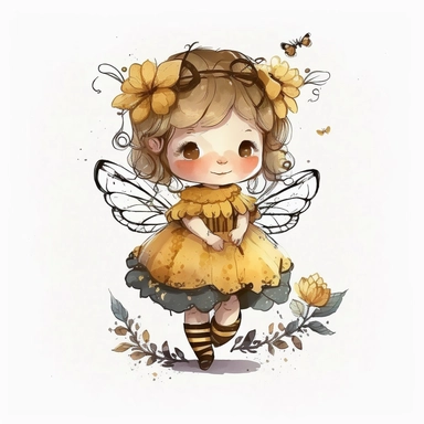 A cute little fairy in bumblebee dress, isolated subject, folklore artstyle, watercolor clipart, whitebackground