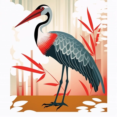 japanes bird cane creek, cartoonish design, 2D illustration, clipart