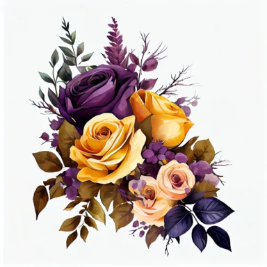 one bouquet arranged roses clipart ,the colors are Mustard Yellow and Deep Purple arranged clipart, watercolor, 8k, white blank background