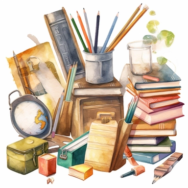 watercolor clipart school supplies, school blackboard, class room desk, etc. hight quality white background