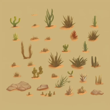 desert bushes, video game assets, isometric, top down, isolated figures, hand drawn, level art, atmospheric effects, spatial concept art, muralist, clipart, ps1 graphics, deconstructed objects, 2d, plain background
