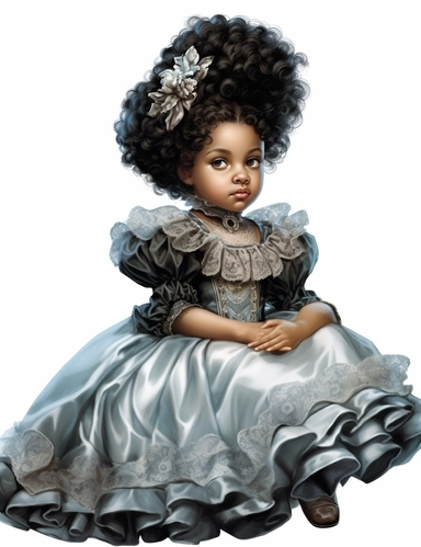 gorgeous african american baby girl in victorian dress, clipart, Composition: Relaxed position with intricate high hairstyle, Style: gothic, white background, hyperrealism, 32k