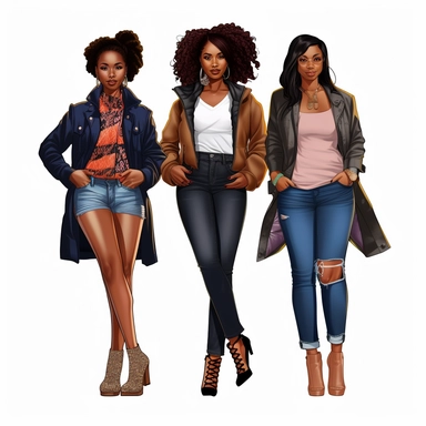 Full body, four full-figure African-American women with brown skin, streetwear, clipart style, white background, highly detailed, very attractive, glamorous, make up beautiful, gorgeous, glowing, happy, smiling