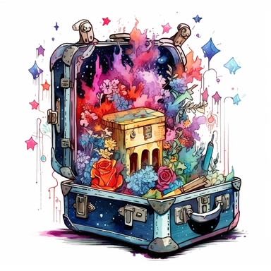 creepy magic suitcase with flowers growing out of it stars clipart, detailed, white background, illustration painting, collaged constructions, digital art, watercolor, in the style of sculptural and geometric, forced perspective drawings, Geometric brushstrokes form an intriguingly abstract, in the style of dark fantasy, creepy frightening repulsive images, frightening, painterly figure, by Pablo Picasso, by Wassily Kandinsky, by Zdzisław Beksiński