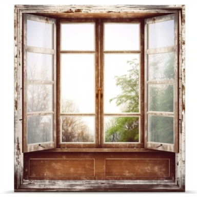 old brown window, vintage, clear, view from inside the house, white background, clipart