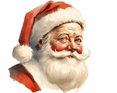 1950’s. Retro Santa Claus face with his classic white beard and red stocking cap trimmed in white fur. Watercolor clipart, Retro Santa Claus face