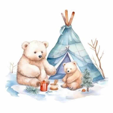 Cute winter Watercolor Clipart , cute 2 Bears enjoy winter fishing at igloo,eskimo style costume, snow winter ,white background, cozy, Hand drawn illustration, naive drawing style, Delicate pencil drawing texture, white background for removing background